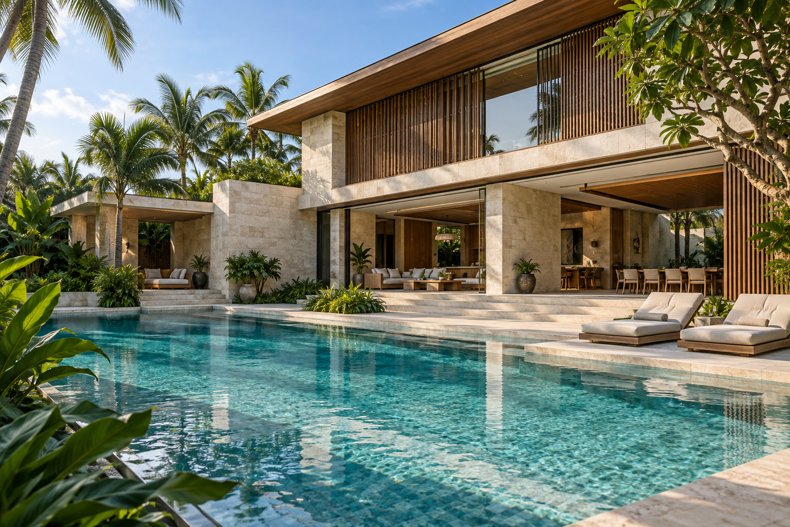 Illustrative contemporary villa framed by palms and a pool